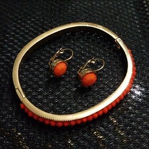 Tangerine & Gold Tone Earrings & Bracelet Set